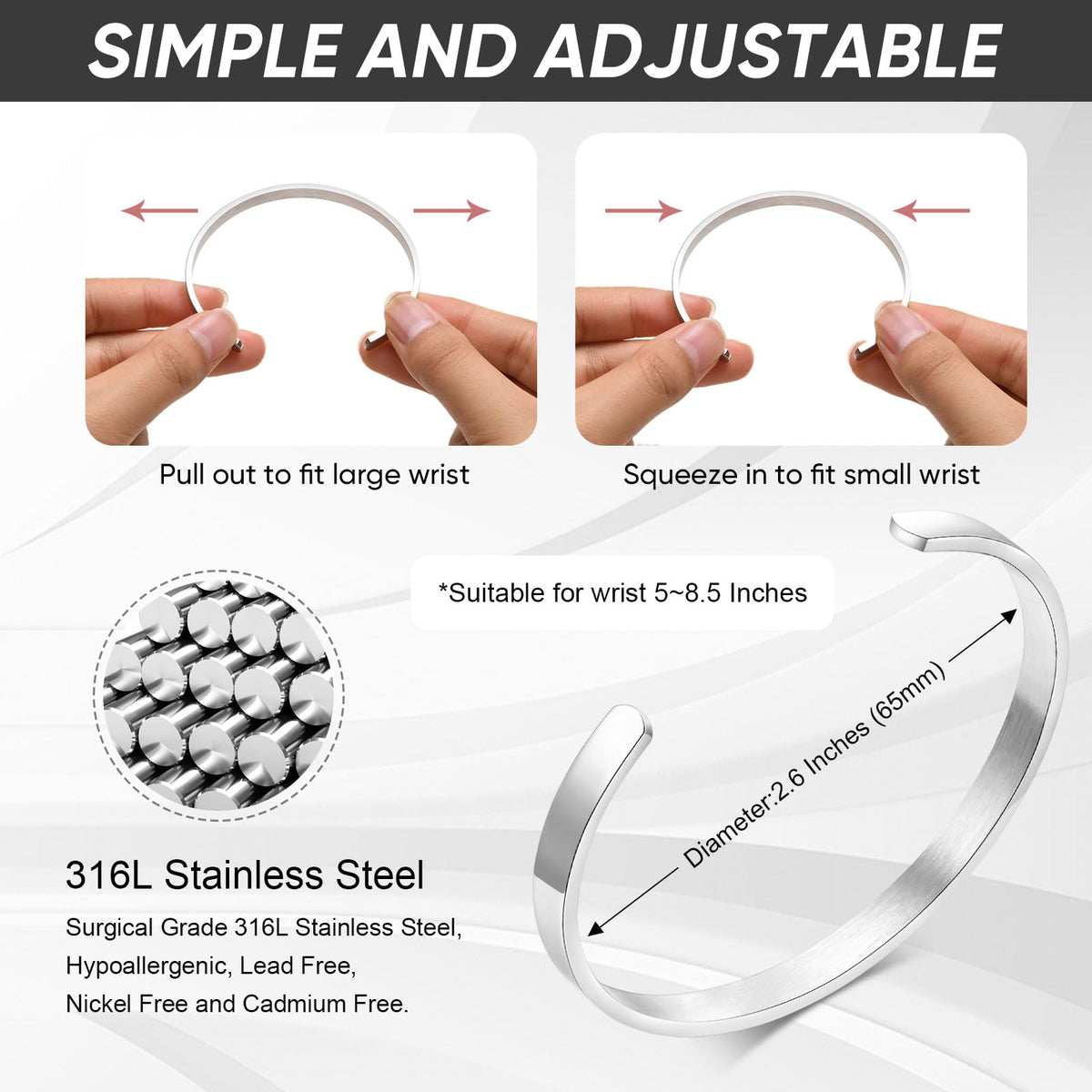 MEALGUET Stainless Steel Mens Cuff Bracelet : Minimal Cool Silver Open Metal Cuff Bangle Bracelets for Men,65mm,Mens Bracelet Jewelry