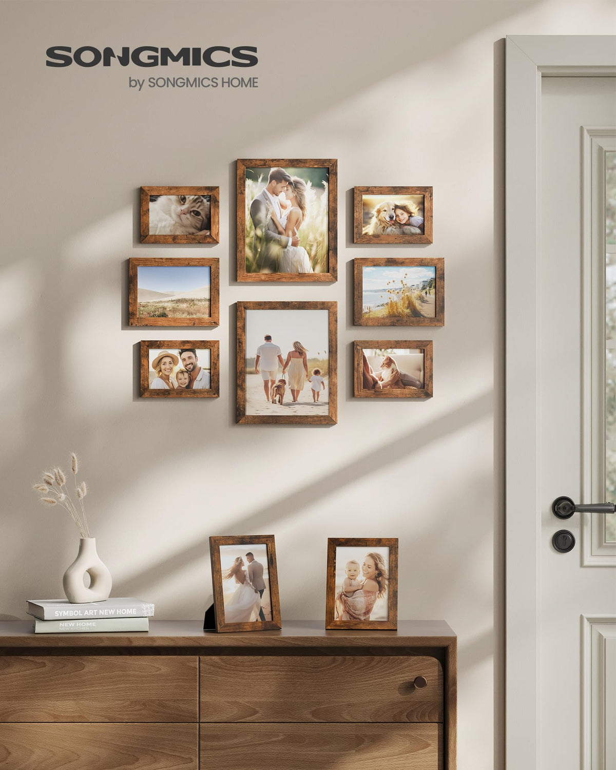 SONGMICS Picture Frames, Collage Picture Frames Set of 10, Two 8x10, Four 5x7, Four 4x6, Photo Frame for Wall Gallery Decor, Table Display, Glass, Rustic Brown URPF010X01