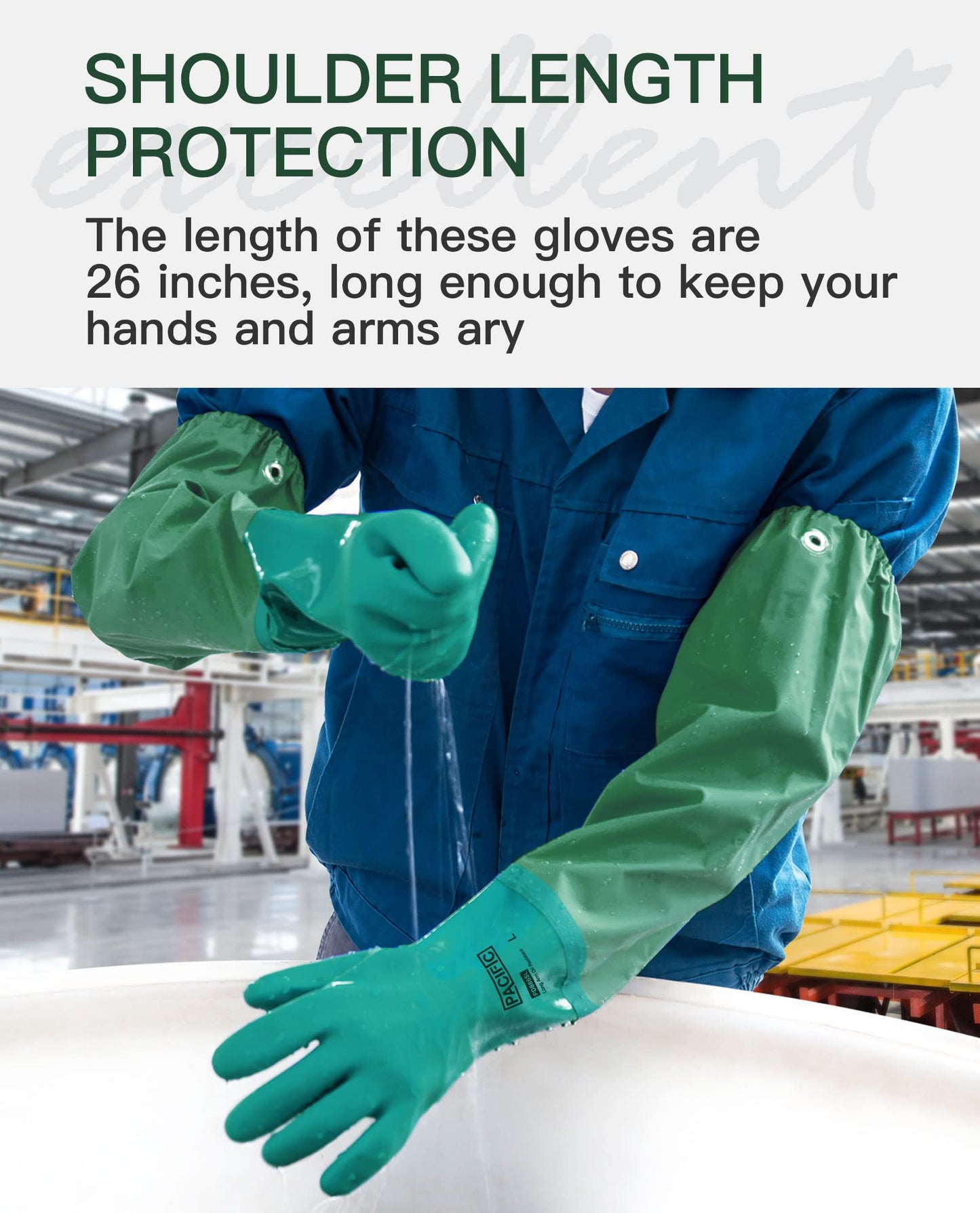 PACIFIC 26" Long Sleeve Gloves, Chemical Resistant Gloves. PVC Coating, Reusable, Heavy Duty Waterproof Gloves with Cotton Liner, Anti-skid, Acid-alkali and Oil, Large