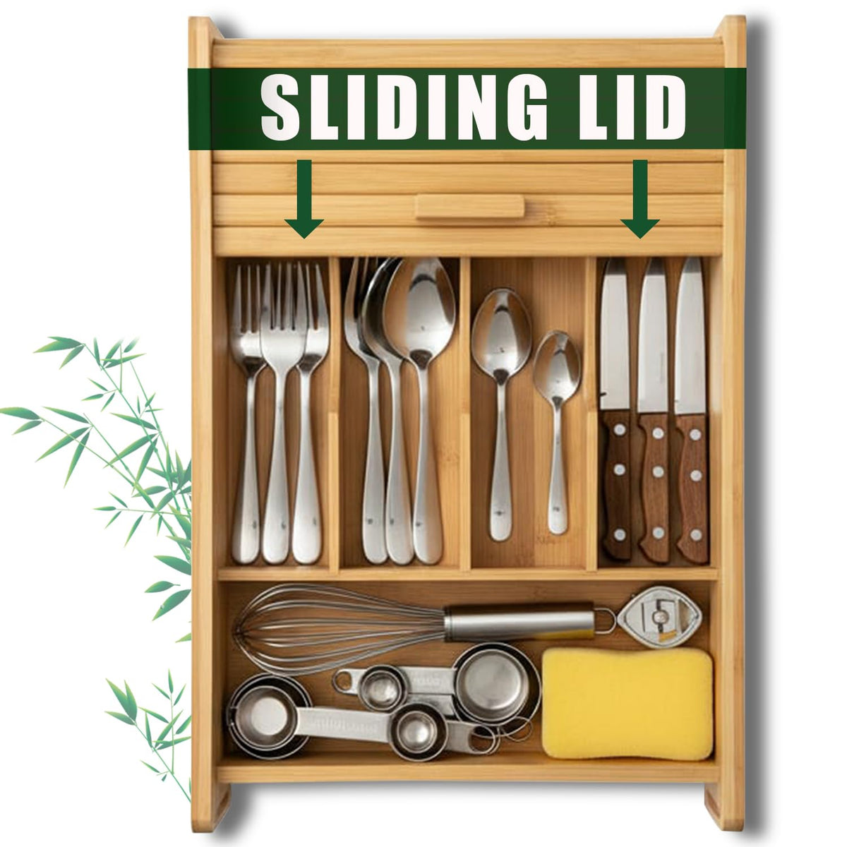 KozyKoala & Co. Bamboo Drawer Organizer with Sliding Lid - 5 Slot Kitchen Drawer Organizer & Utensil Holder - Wood Bamboo Cutlery Tray for Flatware & Multipurpose Storage for Home & Office