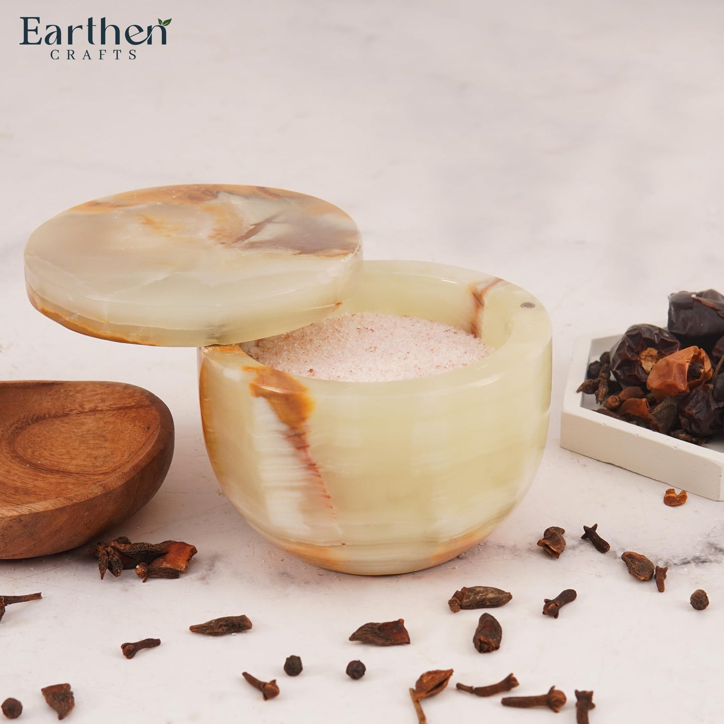 Earthen Crafts Marble Salt Cellar with Swivel Lid 4" Inch Green Onyx Spice Jar Natural Stone Salt Box for Home & Kitchen Counter, Great for Kosher, Sea Salt, Herbs, and Sugar Storage Container, 5.6 OZ