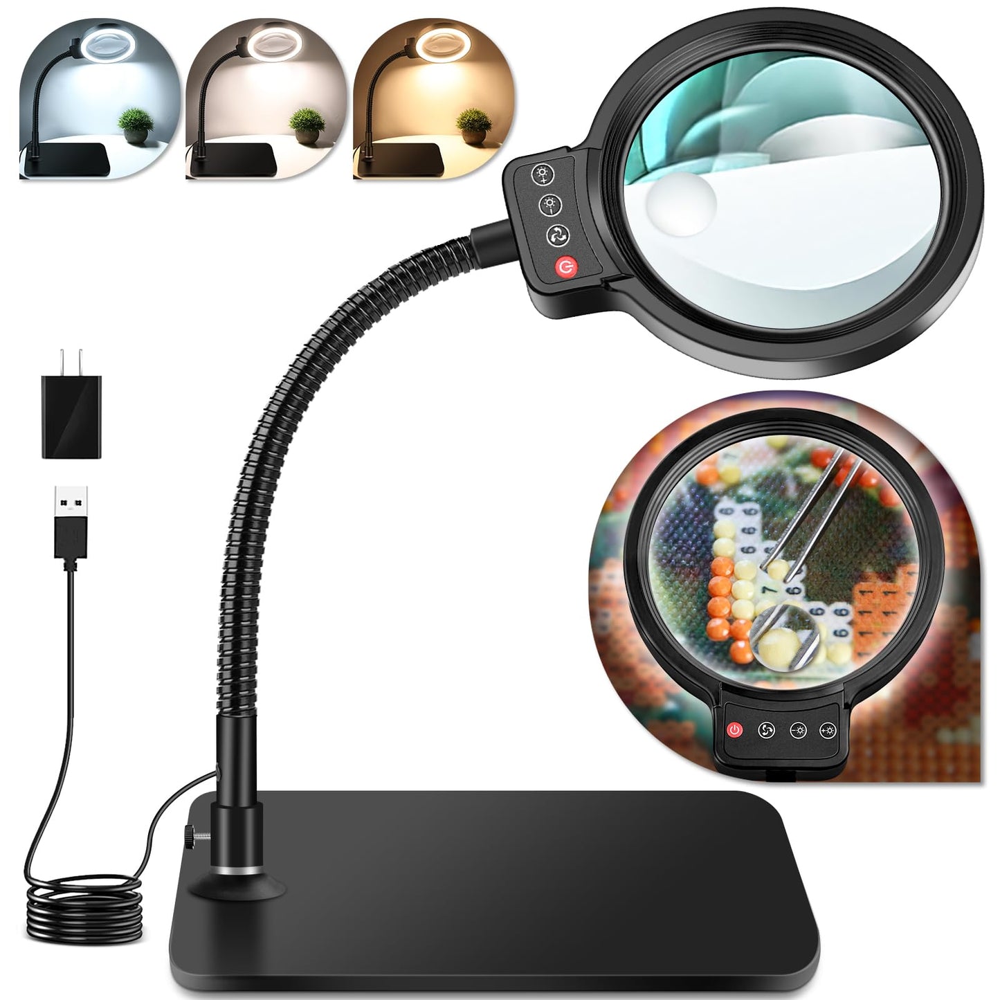 30X 10X Magnifying Glass with Light and Stand, 72 LED 3 Color Modes Stepless Dimmable, Hands Free Lighted Magnifier Desk Lamp for Close Work Craft Hobby Painting Sewing Jewelry Reading, Square