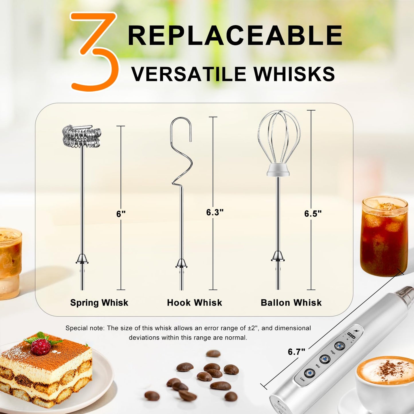 YUSWKO Black Handheld Milk Frother Wand for Coffee, Rechargeable Electric Whisk with 3 Heads 3 Speeds Drink Mixer Coffee Frother For Latte, Cappuccino, Hot Chocolate, Egg