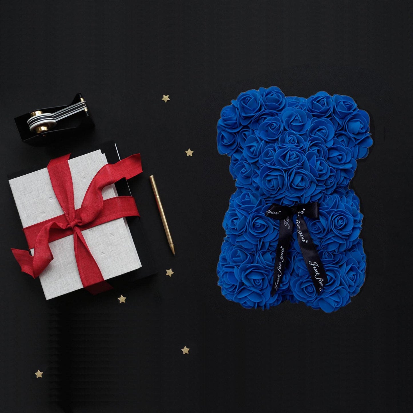 DuHouse Rose Bear Rose Teddy Bear Flower Gift Black Box for Valentines Gifts Anniversary Christmas,Birthdays Bridal Showers -Fully Handmade 10 inch Flower Bear Clear Gift Box (Royal Blue)