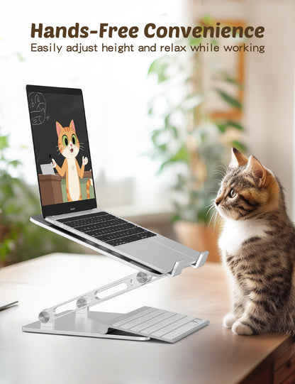 Aoviho Laptop Stand for Desk – Adjustable Aluminum Laptop Riser with Unique Cat-Shaped Cooling Vent, Portable Desk Gift & Decor, Compatible with MacBook Air Pro, Dell, HP, Lenovo (10"-17.3"), Silver