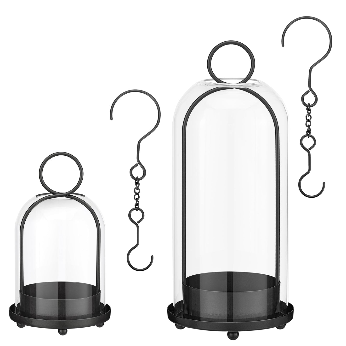 ECLSDL Hurricane Glass Candle Holders for Pillar Candles Set of 2 (5" & 4" Wide), Black Metal Candlestick Holders, Modern Decorative Centerpiece Lanterns for Table Mantel Wedding Housewarming Gift