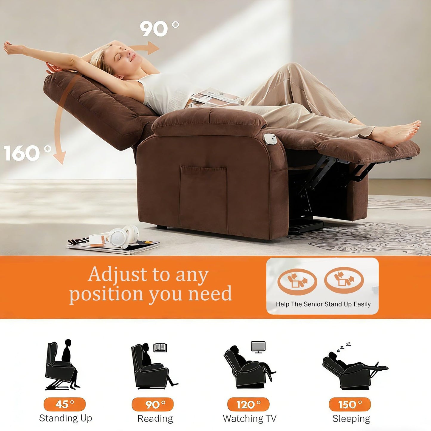 Power Lift Recliner Chair for Adult with Heated and Full Body Massage, Glider Nursery Chair with Cup Holder and USB Charge Port, Oversided Swivel Rocker Recliner for Living/Study/Bedroom Room, Brown