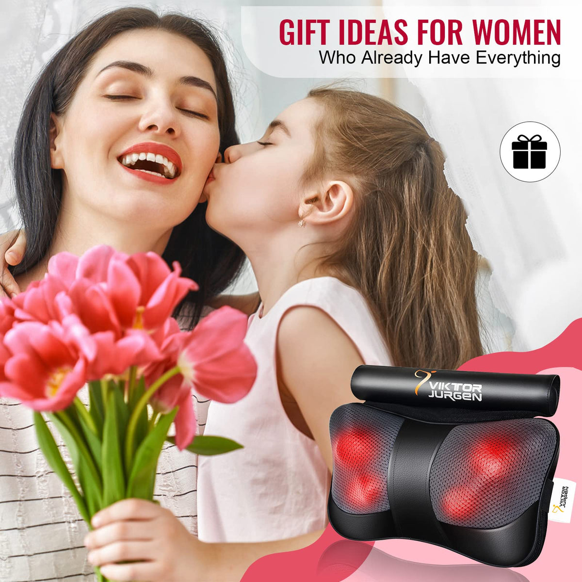 VIKTOR JURGEN Mothers Day Back Massager Gifts, Shiatsu Kneading Massager for Neck and Shoulder, Massage Pillow with Heat Relaxation Gifts for Women/Men/Dad/Mom/Fathers Day/Christmas