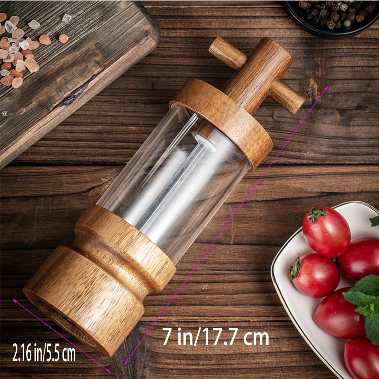 Wooden Pepper Grinder Acacia Wood Manual Mill, 7 inch, Adjustable Coarseness, Kitchen Spice Grinding Tool