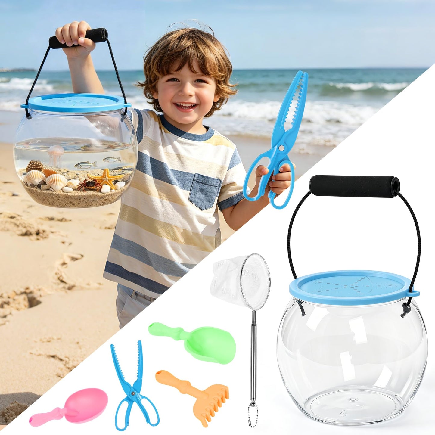 Kids Beach Exploration Kit, Catch & Release Aquarium Toy Set with Net, Crab Tongs, Sand Shovels & Clear Critter Keeper, Beach Toys for Kids Ages 2–12 (Beach, Lake, River)