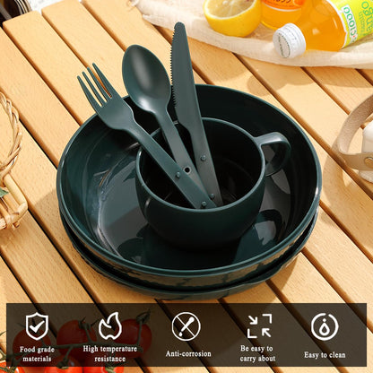 Berglander Camping Mess Kit with Bowl, Plate, Cup, Spoon, Fork, Knife and Carry Bag, Plastic Camping Accessories Essentials Gear for Travel, Camping, Picnic, Outdoor, Light Weight Easy to Carry