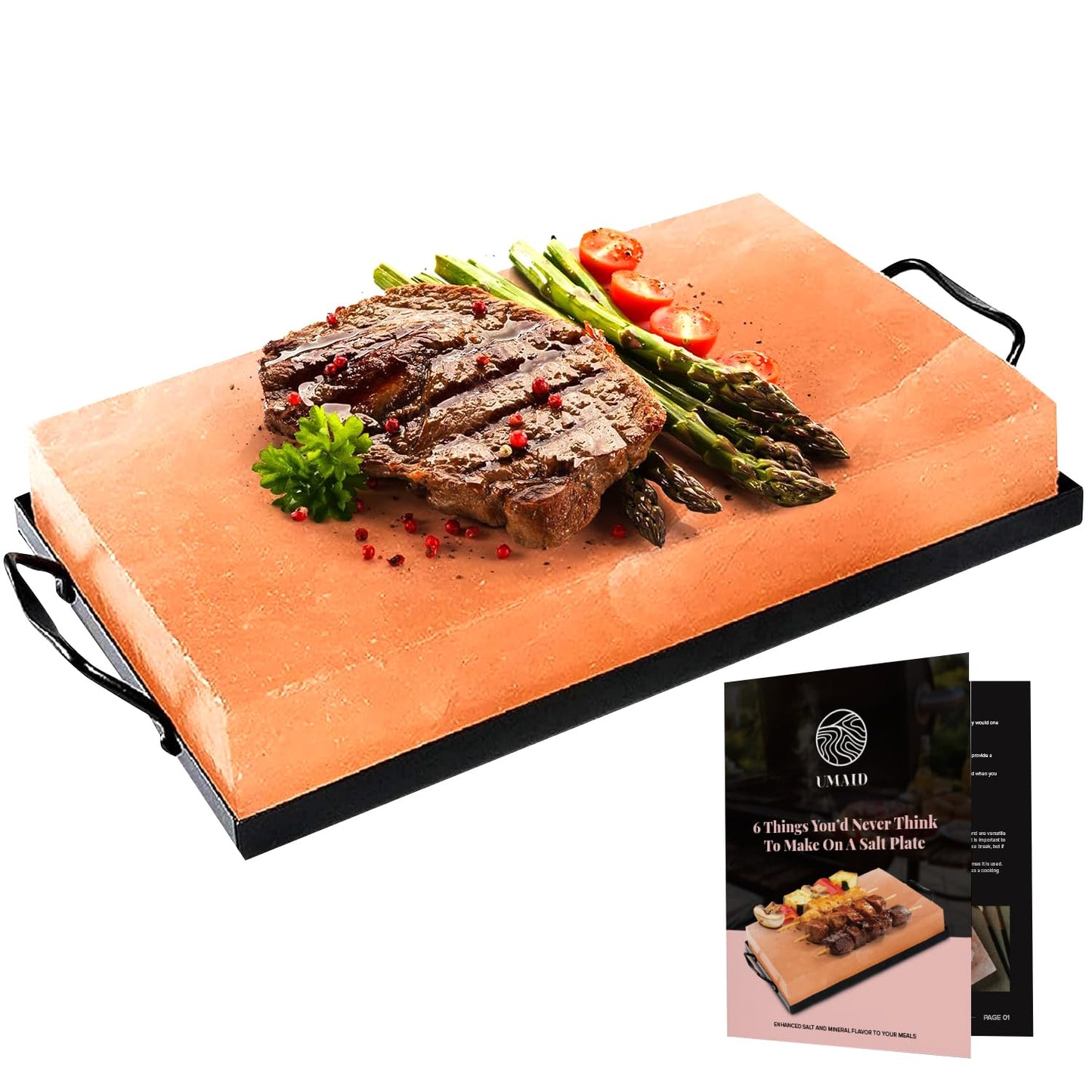 UMAID Himalayan Salt Block Cooking Plate 12x8x1.5 – Food Grade Pink Himalayan Salt Stone for Cooking, Grilling, Serving & Cutting – Includes Steel Tray & Grilling Recipe Booklet – Unique Gifts for Men & Dad Gifts for Fathers Day