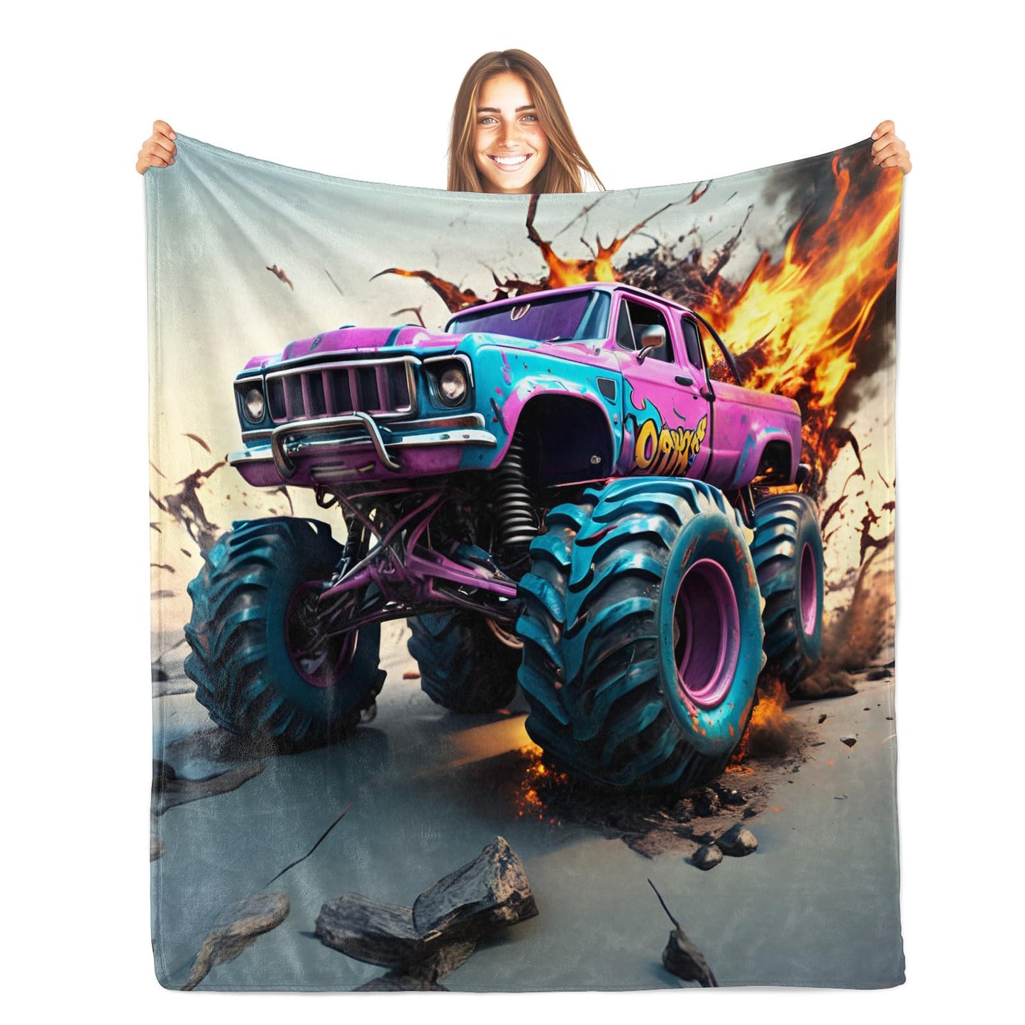 PAOABIU Monster Truck Blankets, Graffiti Car Throw Blanket for Couch Bed Sofa, Boys Blankets and Throws - Super Soft Cozy Plush Flannel Blanket Gifts & Decor, 66x90