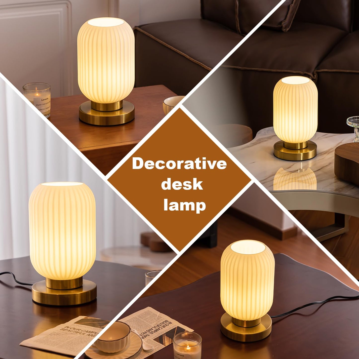 HSMKL Modern Ribbed Glass Table Lamps Mid Century Bedside Light Small Nightstand Lamp with Plug-in Style, E26 Ambient Lighting for Bedroom Living Room Tabletop, Milky White
