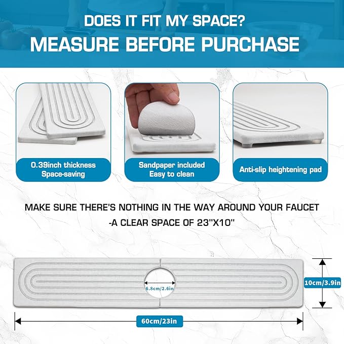 Faucet Mat for Kitchen Sink, Diatomite Quick Drying Tray, Long 23.6'' Kitchen