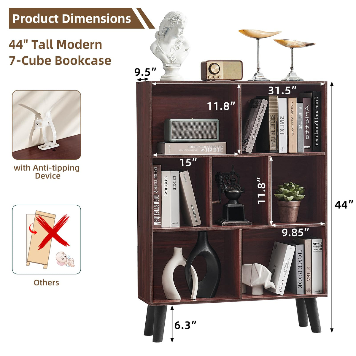 LEYAOYAO 7 Cube Bookshelf 3-Tier Bookcase with Legs, Mint-Walnut Kids Book Shelf Cute Storage Organizer, Toy Shelves Bookshelves,Wood Display Bookcases