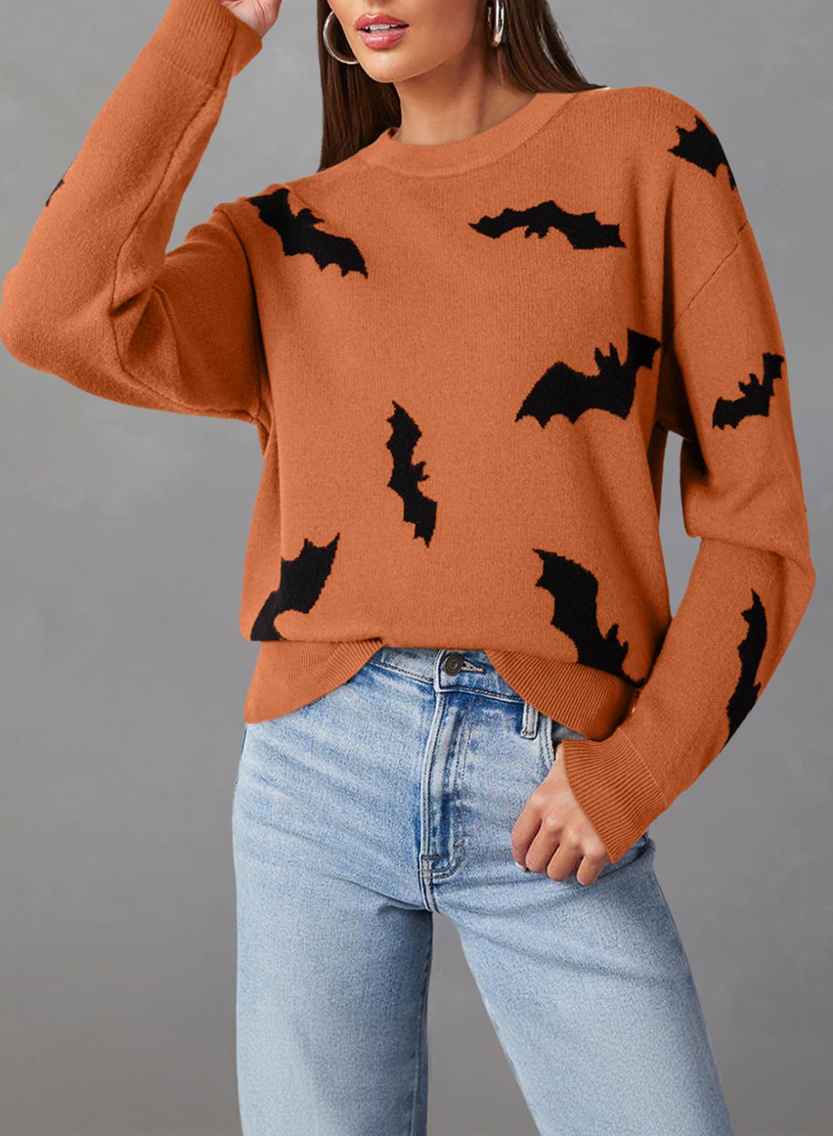Dokotoo Womens Halloween Sweaters Crewneck Long Sleeve Bat Pattern Loose Fit Pullover Sweaters Cute Spooky Warm Cozy Autumn Winter Sweater Tops Casual Holiday Fall Clothes Orange M