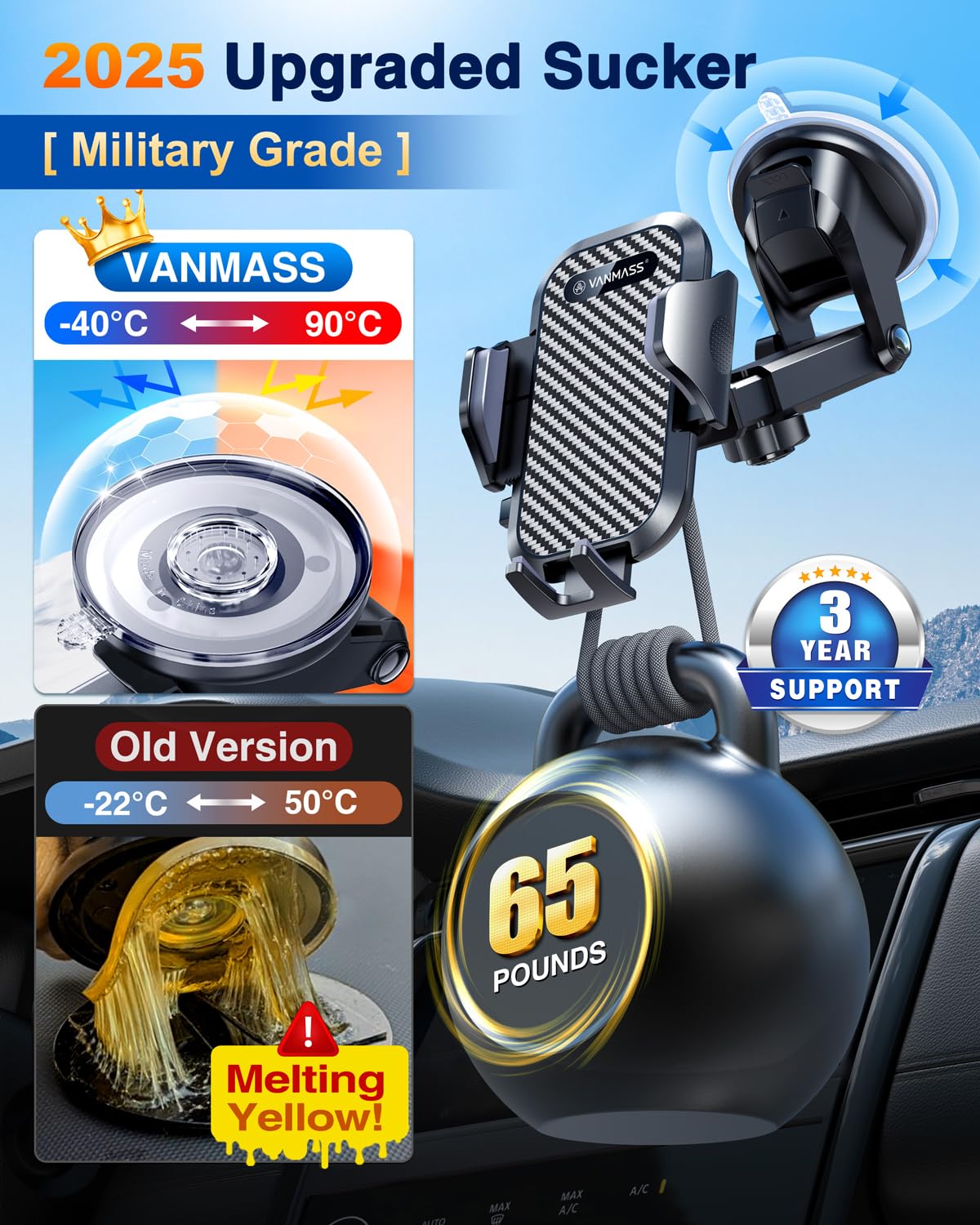 VANMASS 2025 BEST Car Phone Holder [Upgraded Suction & Clip]Rotatable Universal Mobile Phone Mount Dashboard Windscreen Vent Cradle Van Automobile Accessories for iPhone 16 Pro Max 15 14 13 12 Samsung