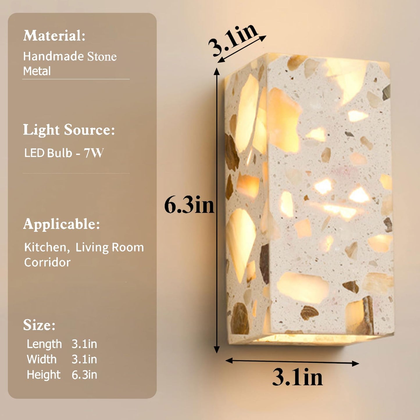 PLSDH Modern Terrazzo Wall Sconce, Handmade Natural Stone Wall Light Fixture, LED wall sconces, Warm Light, Vanity Lamp for Living Room, Bedroom, Hallway, Kitchen Island 6.3in