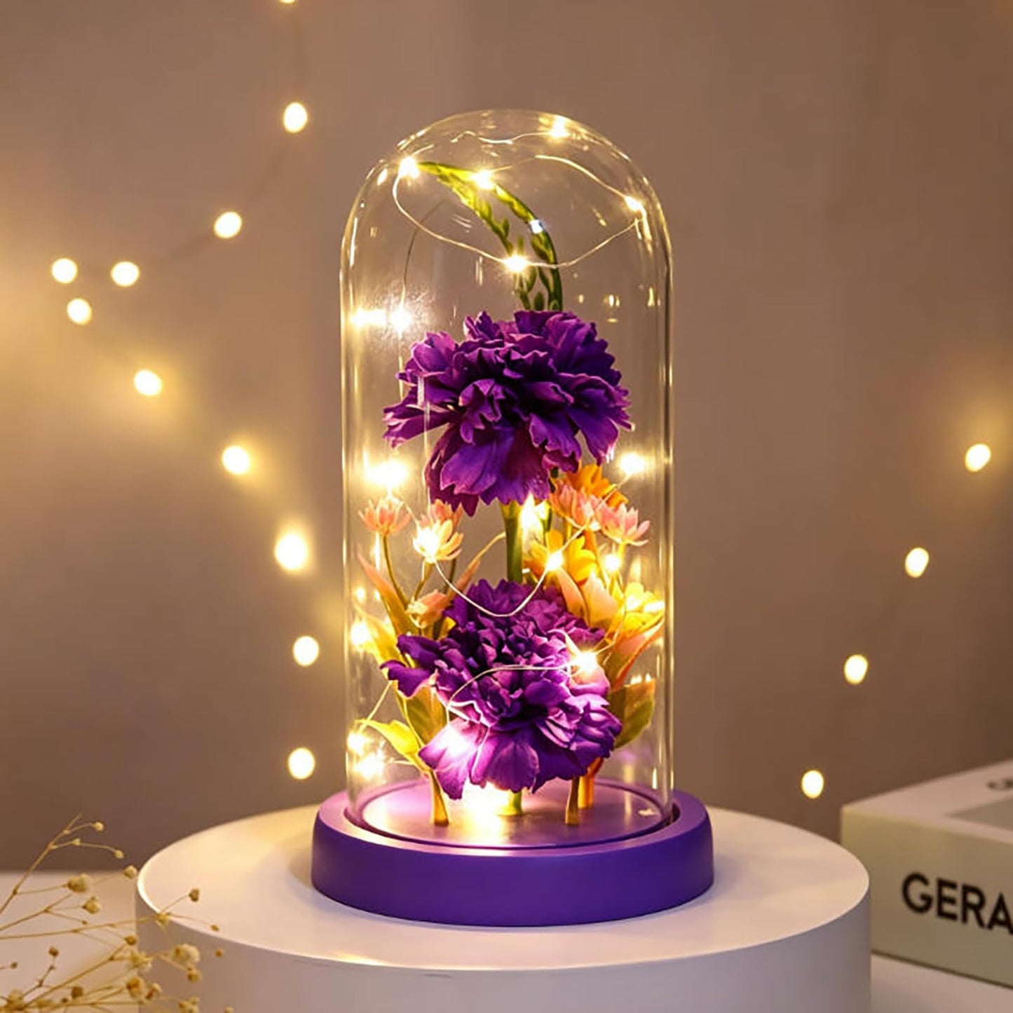 Strackvial Galaxy Glass Carnation Forever Preserved Flower with Light, Valentines Day Birthday Gift for Women, Mom, Wife, Girlfriend, Light Up Carnation in Glass Dome for Mothers Day