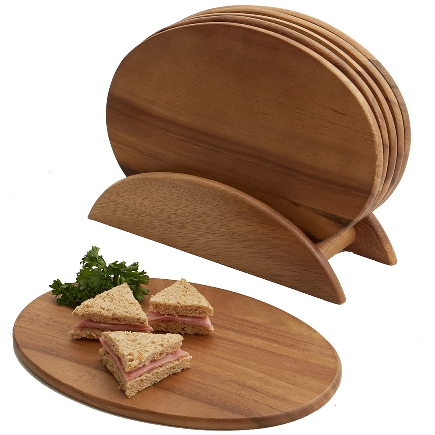Woodard & Charles 6 Acacia Wood Serving Boards with Stand, Perfect for Serving, Sushi, Cheese, Hors d'oeuvre, Charcuterie, Sandwiches, 7 Piece Set, 9 1/2" x 6 1/2"
