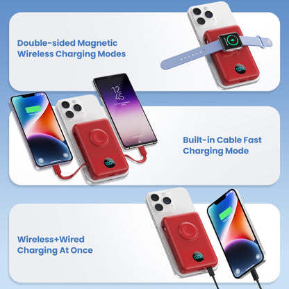Magnetic Portable Charger 10800mAh for iPhone with Built-in Cables, 6-in-1 Wireless Power Bank with iWatch Charger, LCD Display 25W PD Fast Charging Battery Pack for iPhone 16/15/14/13/12, Apple Watch