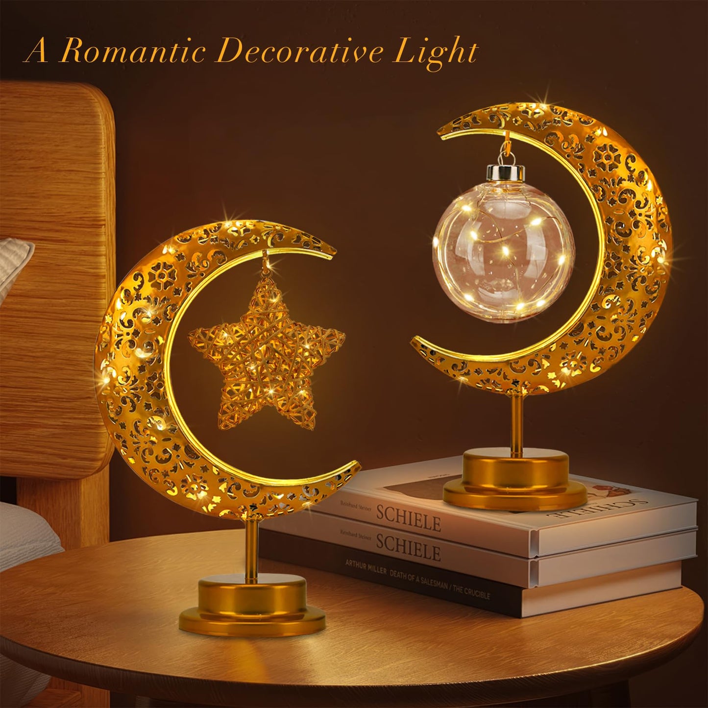 GOUTOOL Art Deco Table Lamp, Rattan Star LED Night Light, Moon Lamp with Cordless Design, Home Decor Gift for Living Room, Office, Holiday