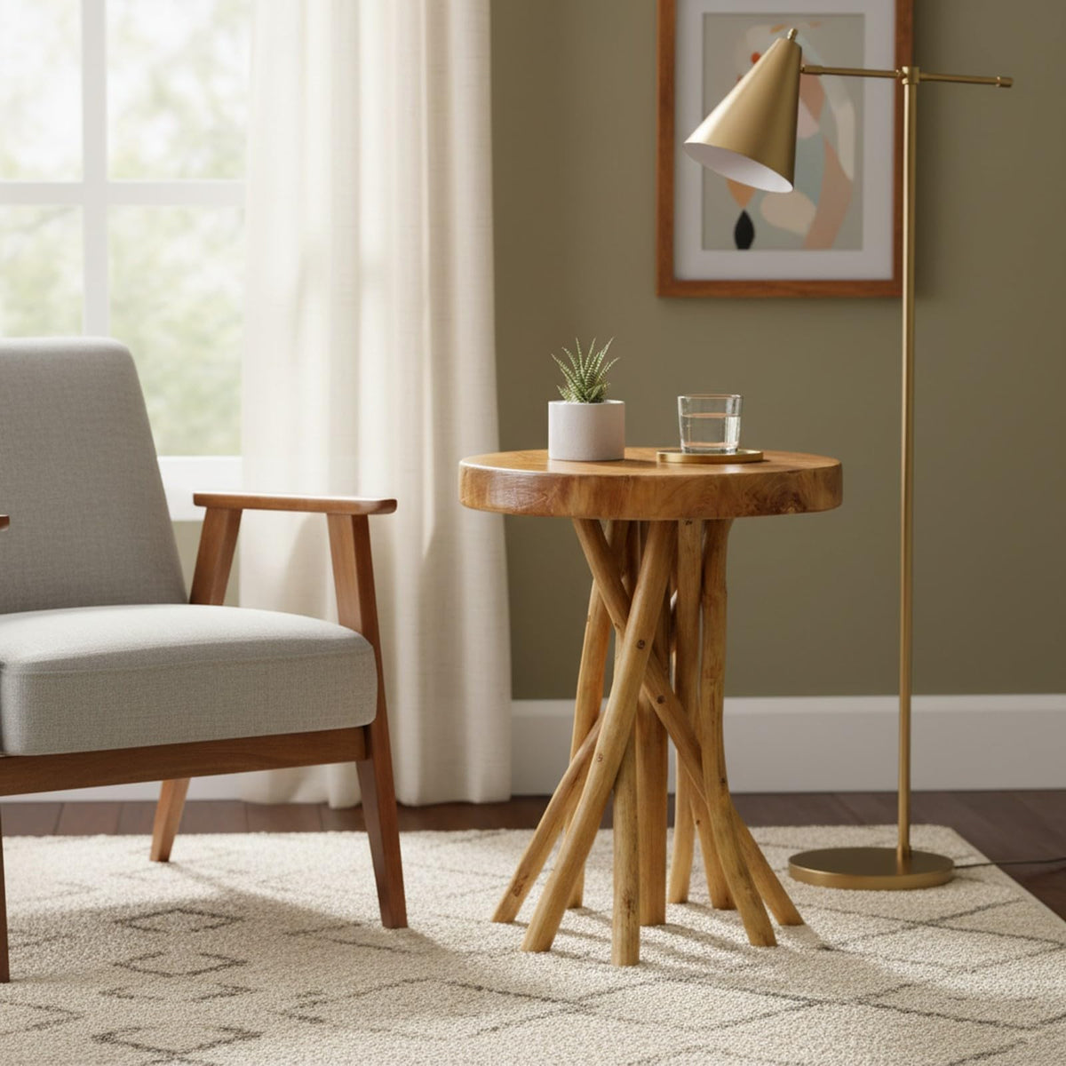 WELLAND Teak Wood Stick Leg End Table, 16" L x 16" W x 20" H Rustic Side Table, Small Accent Table, Plant Stand for Living Room, Bedroom, Home Office