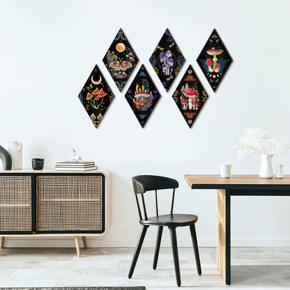 Sintuff 6 Pieces Gothic Wall Decor Boho Sun Moon Phases Wall Art Gothic Minimalist Stars Sun Hanging Wooden Home Decor Farmhouse Pediments for Gallery Living Bedroom Room(Mushroom)