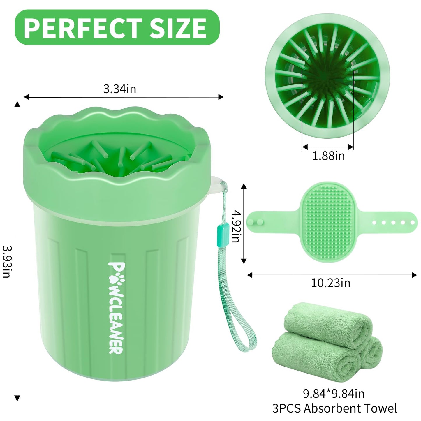 Professional 7 in 1 Dog Paw Cleaner for Dogs & Cats - Includes 1 Portable Paw Washer, 1 Bath Brush, 2 Dog Toothbrushes and 3 Absorbent Towels Note: Fits Paws up to 2 Inches Wide (Small, Light Green)