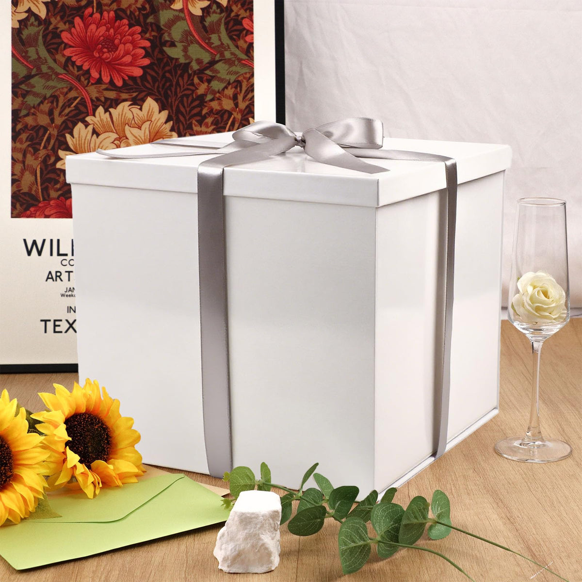 UoeRing Glossy White Large Gift Box 1Pcs 12x12x11 Inch,Gift Box with Lid for Presents Birthdays,Christmas Valentine's Day,Mother's Day, with Ribbon Card Envelope Shredded Paper Fill