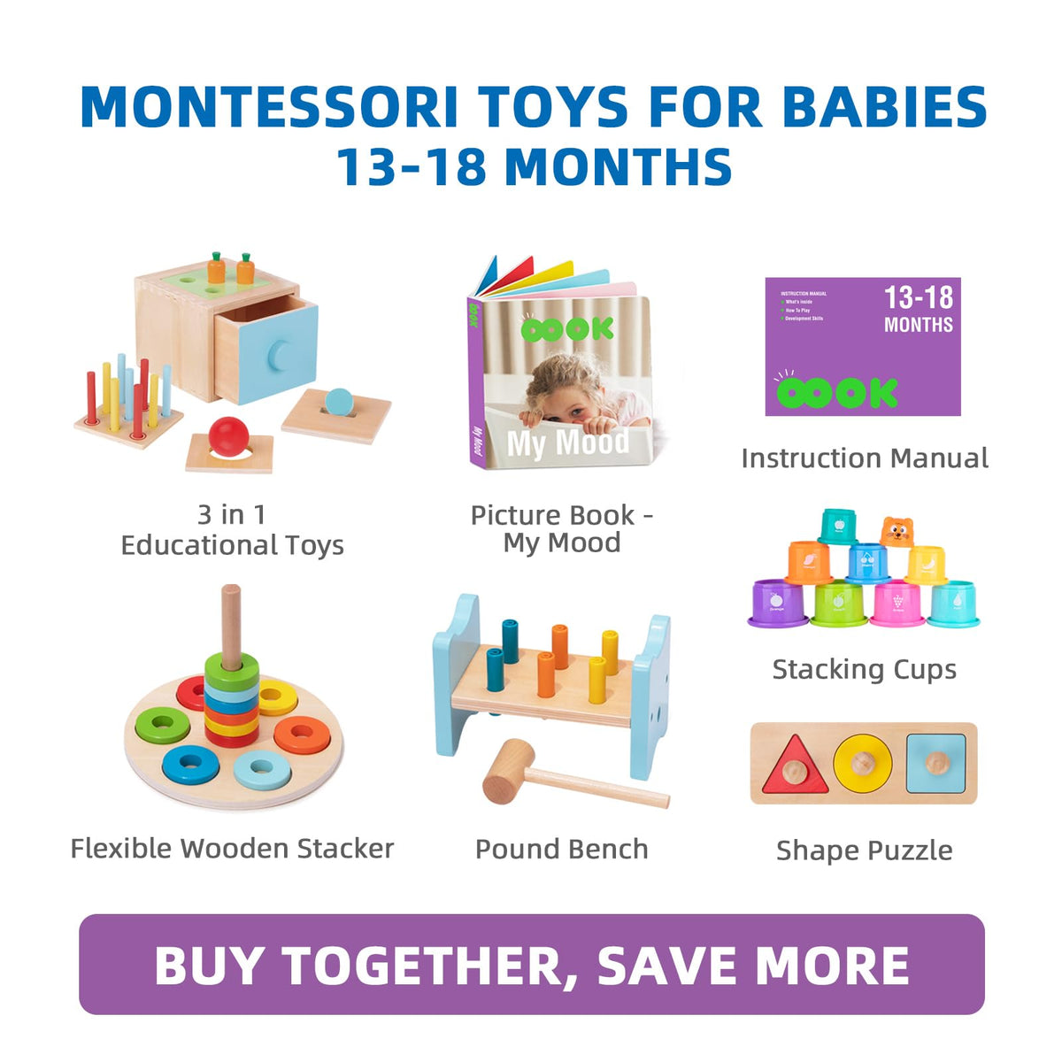 TOOKYLAND Montessori Toys for 1 Year Old, 8 in 1 Learning Educational Set Wooden Toys (Includes Stacking Cups, 3-in-1 Educational Box, Pound Bench, Shape Puzzle and More)