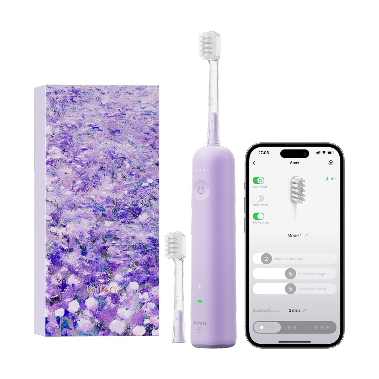 Laifen Wave Special Electric Toothbrush, New 2025 Version Oscillation & Vibration Sonic Electric Toothbrush for Adults with App, 2 Brush Heads, IP68 Waterproof Travel-Friendly (Misty Lavender)