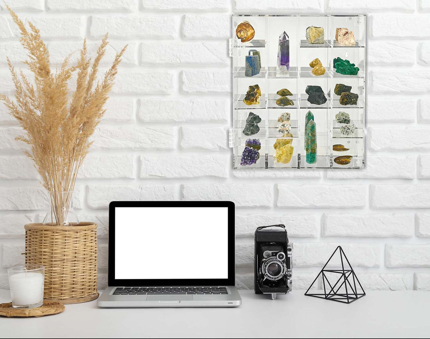 Acrylic Display Case Adjustable Clear Rock Display Case Shadow Box with Shelves Storage Organizer for Mini Pop Figure, Collectibles, Mineral Crystal, Stones, Wall Mountable, with Mirrored & Lid
