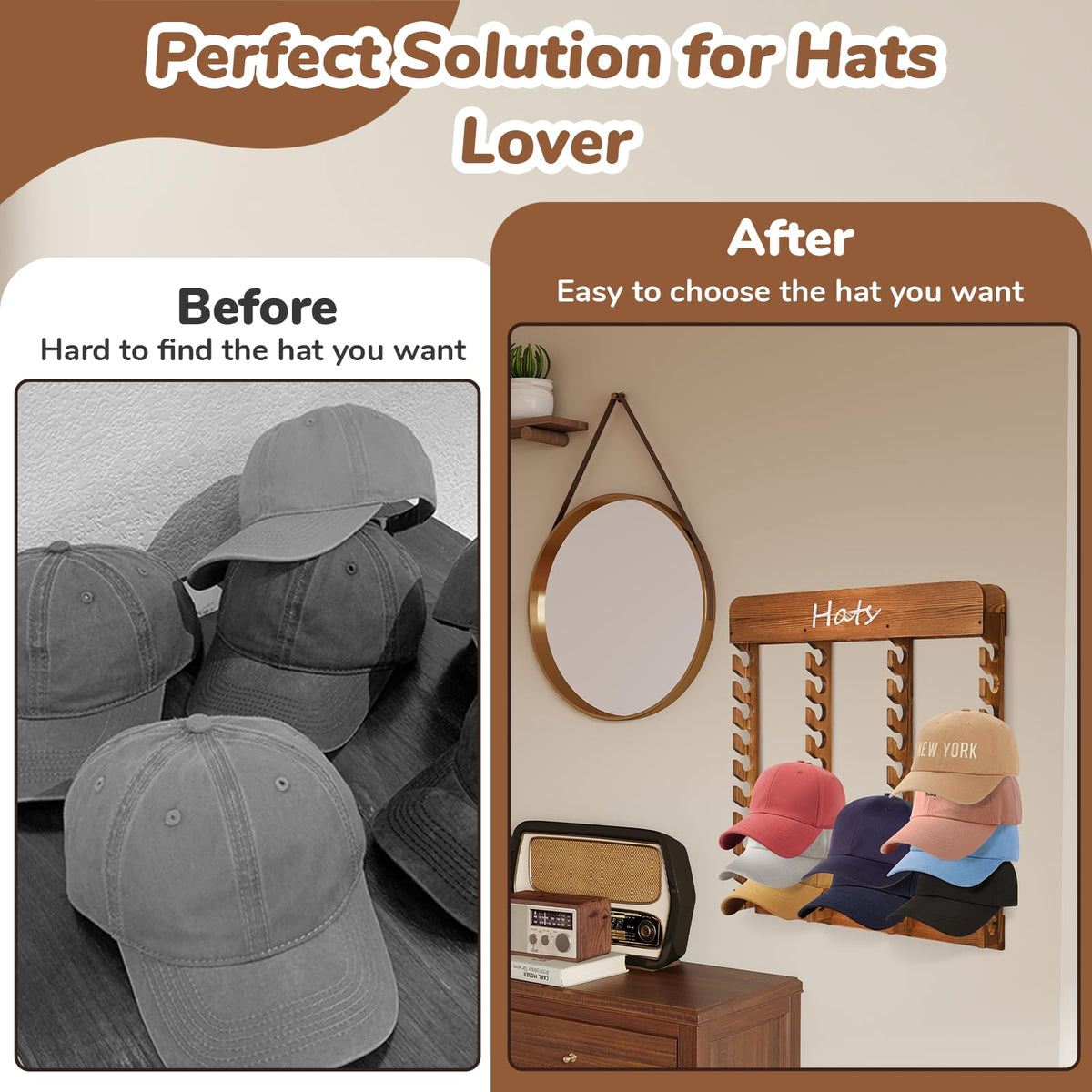 WYJREES Wooden Hat Racks for Baseball Caps, 40-Slot Wall Mount Baseball Cap Rack, Hat Organizer for Display and Storage, Vertical Cap Hanger for Bedroom, Entryway or Closet