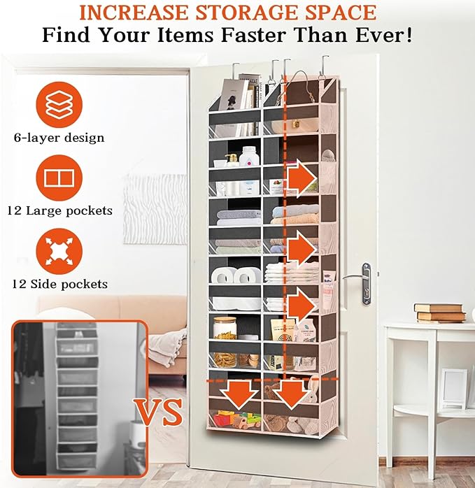 Over the Door Organizer 6 Tiers, Extra Large Behind Door Storage of 12
