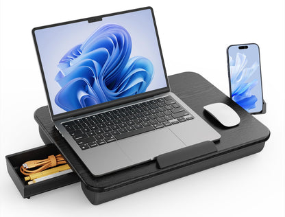SAIJI Laptop Lap Desk, Portable Laptops Tray with Cushion, Drawer Storage, Phone Holder, 12mm Thickened Panel,Carry Handle, Computer Laptop Stand for Bed Fits Up to 15.6 Inch Laptops