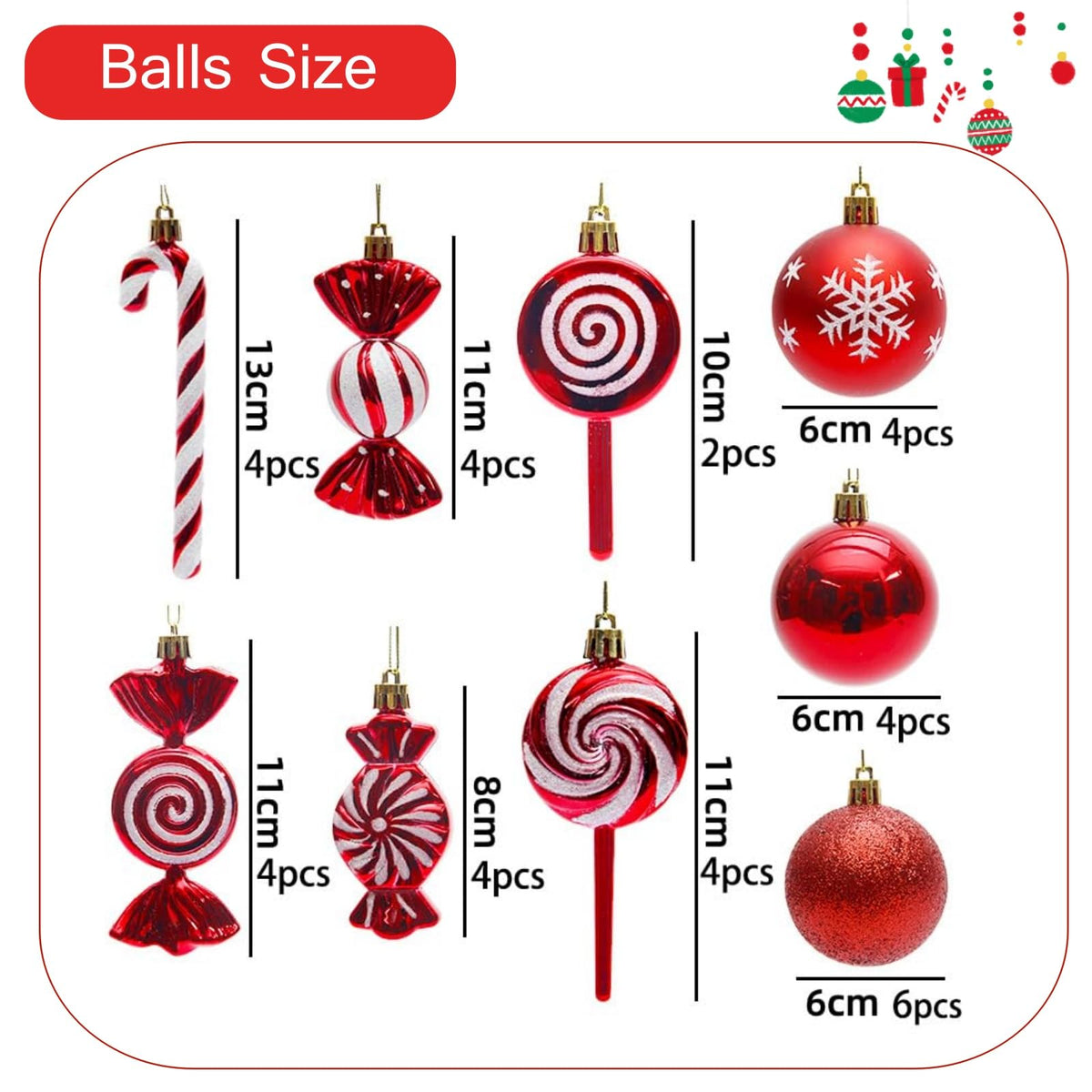 36 Pcs Christmas Ornaments, MOYEE Shatterproof Plastic Christmas Ornaments for Tree - Candy Cane Christmas Decorations Candies Christmas Ball Ornaments (Red)