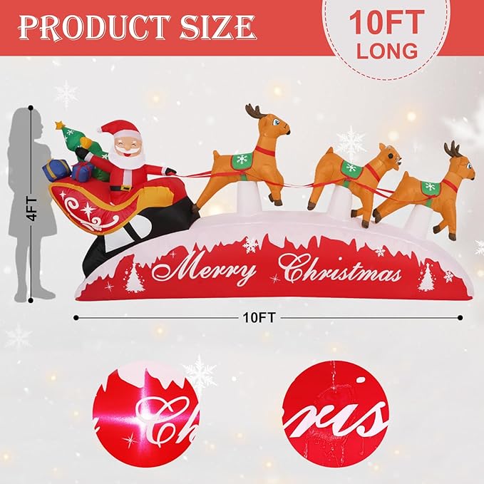 10 FT Christmas Inflatables, Santa Sleigh with Reindeer Christmas Outdoor Inflatables, LED Lights Blow up Inflatable Yard Decoration for Christmas, Long Xmas Inflatable Party Garden Lawn Home Decor