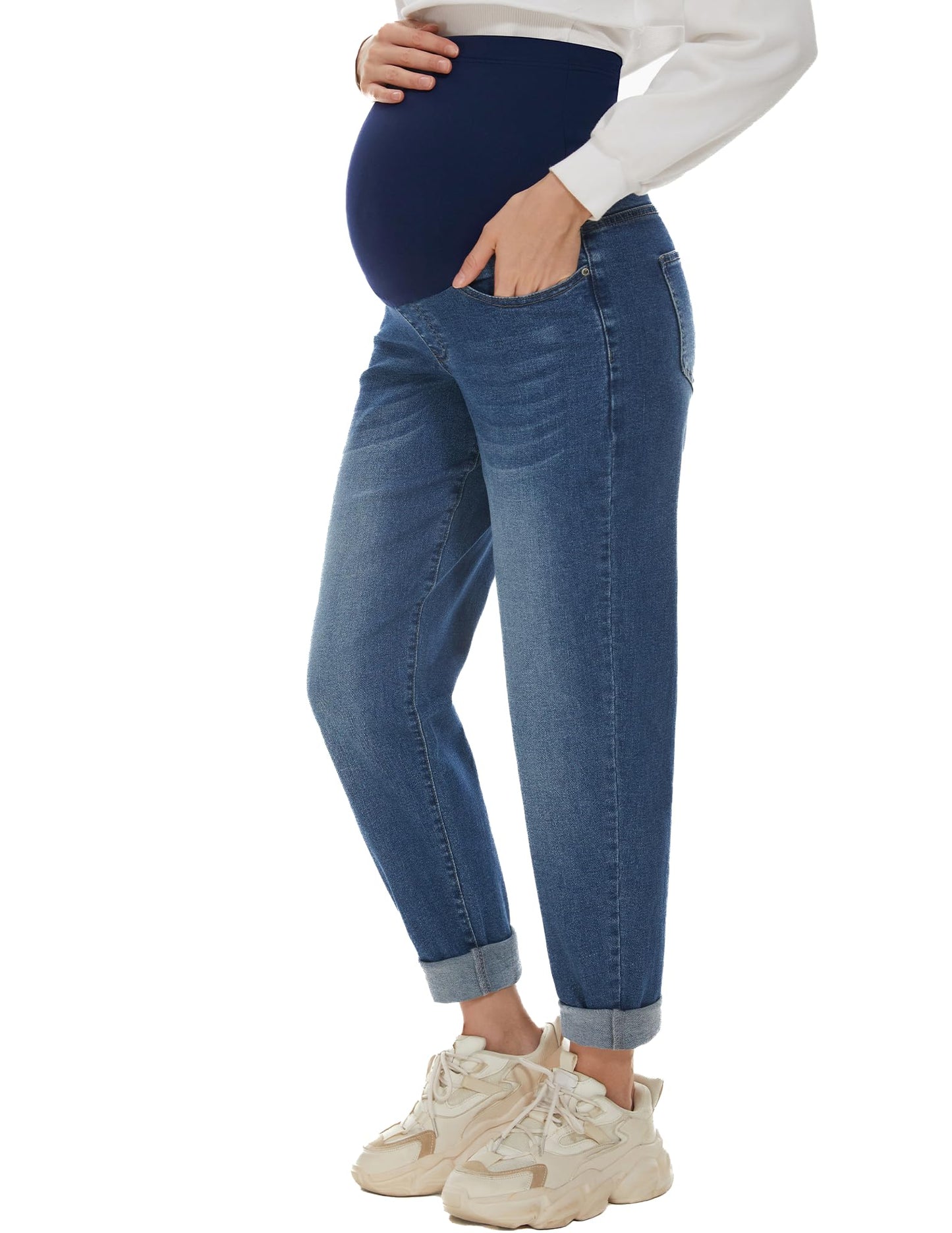 POSHGLAM Women's Maternity Jeans Over Belly Comfy Stretch Boyfriend Jeans Loose Pregnancy Pants, S-XXL, A02 Dark Blue, XL