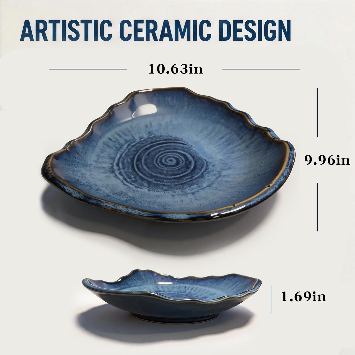 Konnieem Blue ceramic bowl, 10.6-inch wavy-rimmed bowl with a textured kiln-change glaze finish, ideal for serving fruit and desserts or as a decorative piece for the home