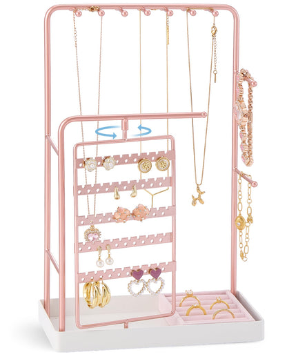 ProCase Jewelry Stand Holder Organizer, Jewelry Display Storage with Ring Tray, Rotating Earring Bracelet Necklace Holder, Valentine's Gifts Room Dorm Decor for Teen Girls -Rosegold (No-Assembly)