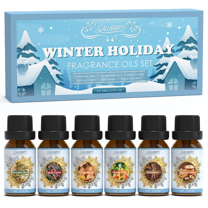 SALUBRITO Winter Fragrance Oils Set, Holiday Essential Oils for Diffuser, Candle, Soap Making - Christmas Tree, Cinnamon, Gingerbread, Candy Cane, Spiced Cider, Sugar Cookies Scented Oil