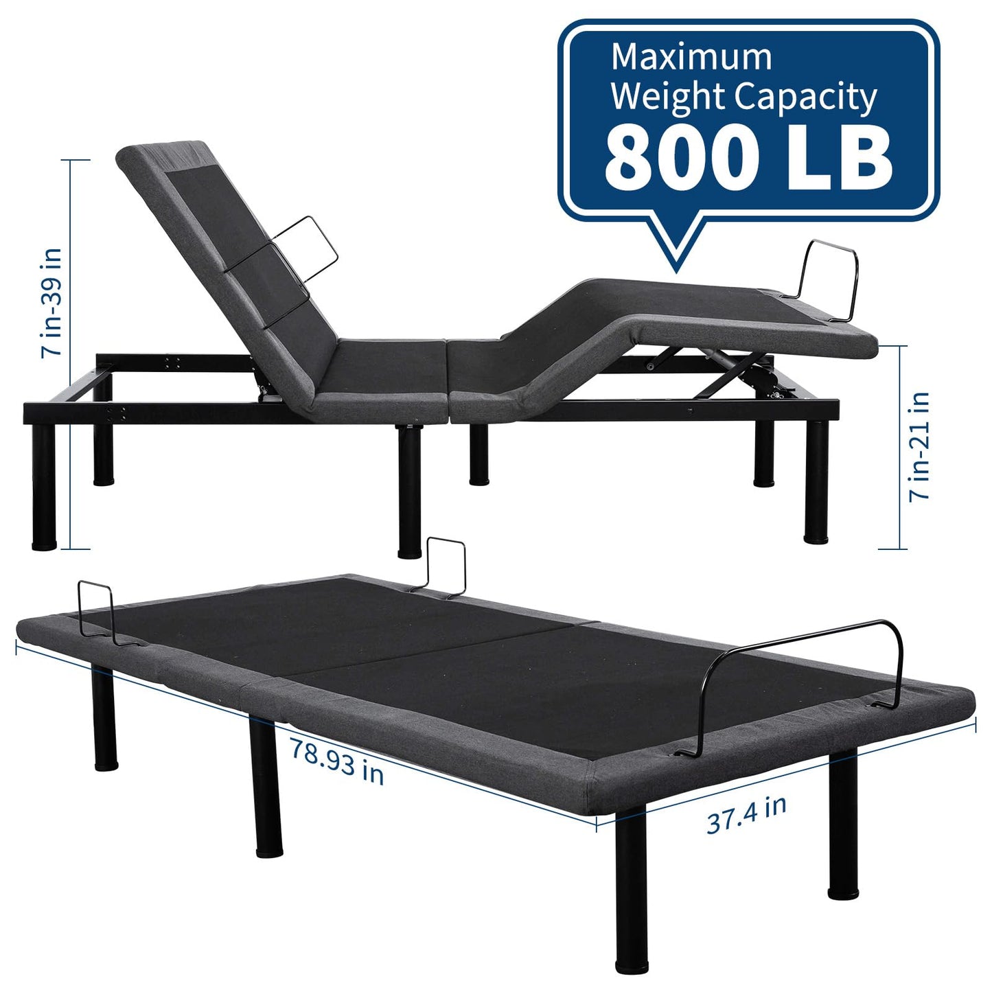 MilleLoom Adjustable Bed Frame with Massage, Twin XL Adjustable Bed Base with 1 USB Port & Under-Bed Night Light, Head & Foot Incline, Electric Bed Frame with 4 Height Options, Black