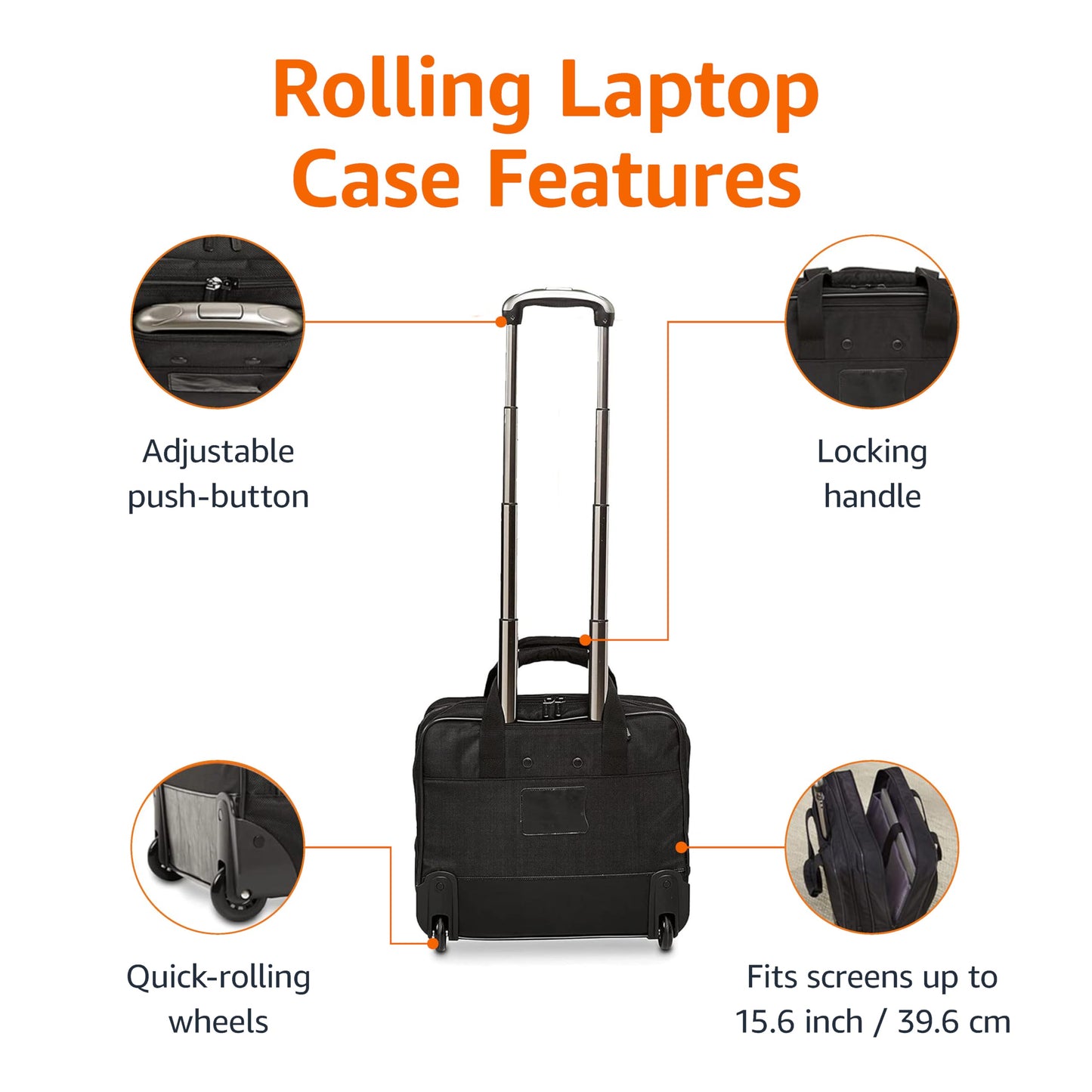 Amazon Basics Laptop bag with quick-rolling wheels and easy-access front pocket - fits Laptops up to 15.6 inch (39.6 cm), Black