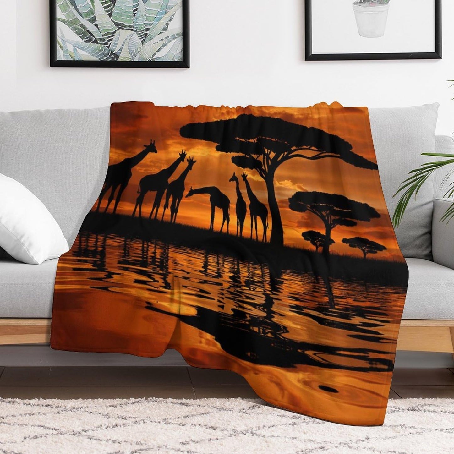 ZhiRain Africa Throw Blanket Savannah Animal Giraffe Crew Majestic Tree Kenya Sunrise Blanket for Sofa Bed Couch Chair Or Dorm 50"x60"