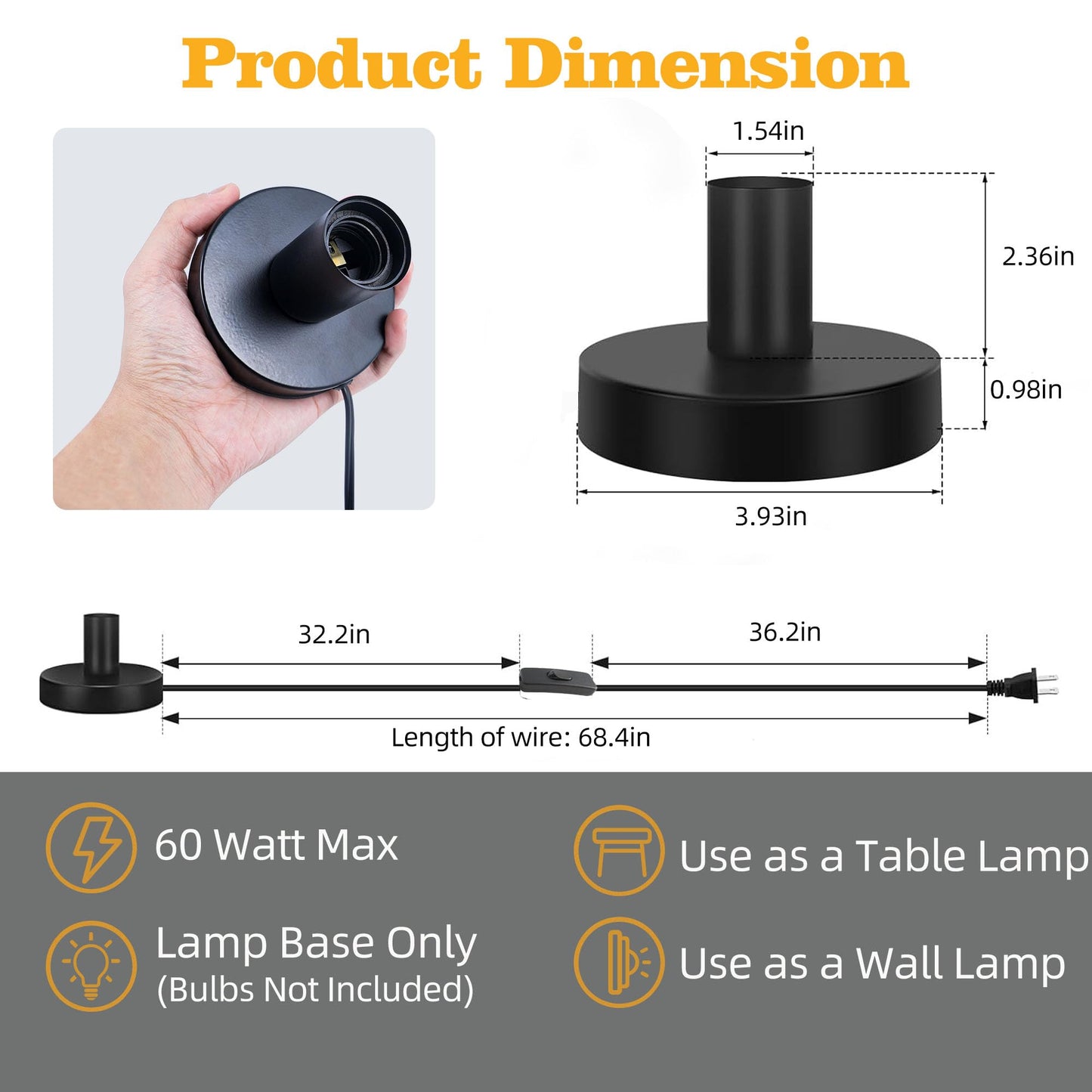 atiyoc Black Polished Metal Desktop Lamp Base, Small Industrial Table Lamp Base Only, Simple E26/E27 Screw Light Socket Edison Bulb Holder Base,5.7ft Cord On/Off Switch US Plug (2 Pack)