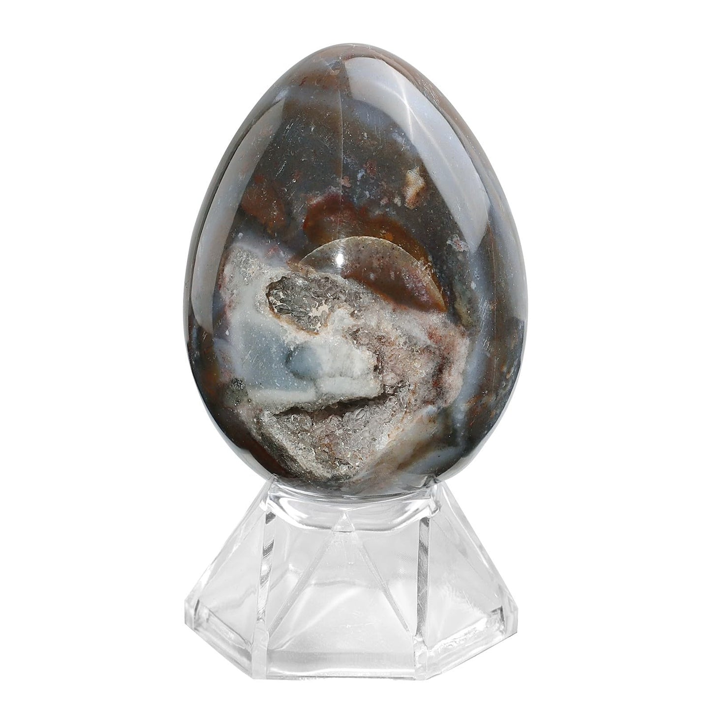mookaitedecor Natural Ocean Japser Crystal Egg Decor, Polished Geode Stone Egg with Acrylic Stand for Easter Home Tabletop Display, 48-70 mm High, 100-200g