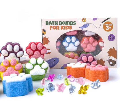 Paw Bath Bomb for Kids with Surprise Toys Inside, 12 Pcs Colorful Handmade Natural Bath Ball with Sparkling Crystal Toys, SPA Fizzy Bath Bomb Gift Set for Girl Boy at Christmas, Birthday