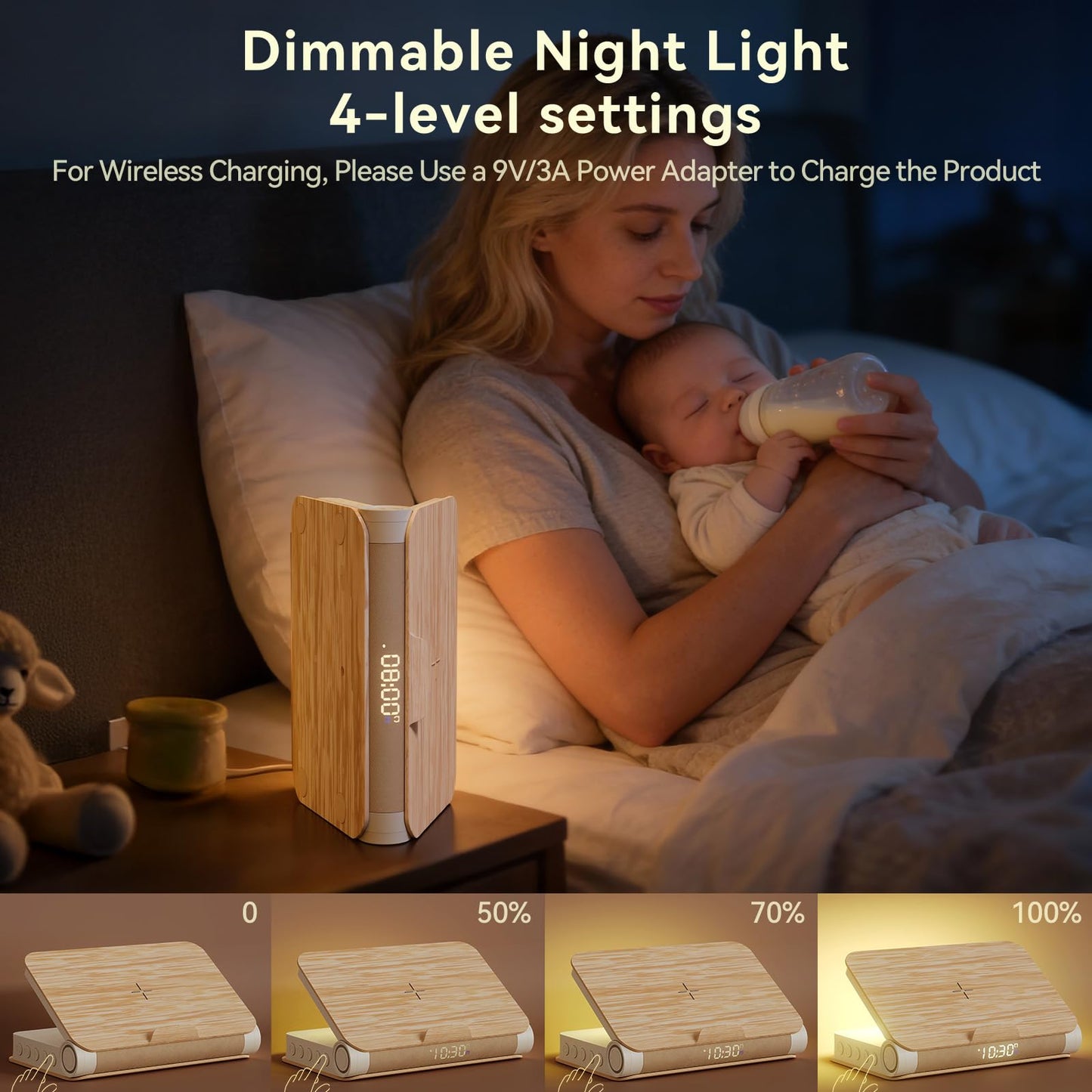 Vivilumens Alarm Clocks Wireless Charger Bluetooth Speaker Loud Sunrise Bedside Lamp for Heavy Sleepers Adults with Book Shape Wake Up Light for Bedroom Home Decor （Wooden Grain）